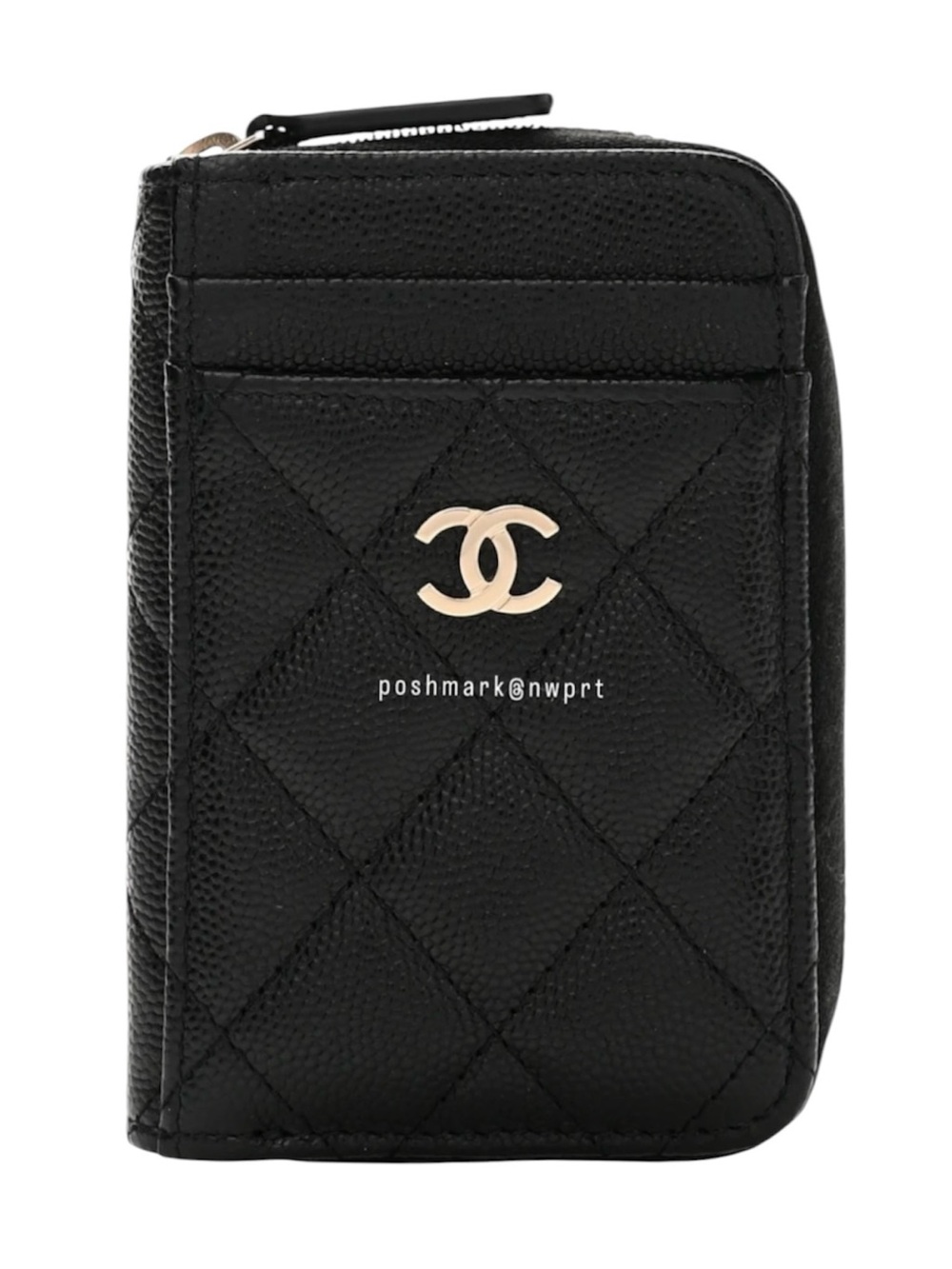 CHANEL 💯 Caviar Quilted CC Zip Zipped Card Holder Coin Wallet Black Gold Box